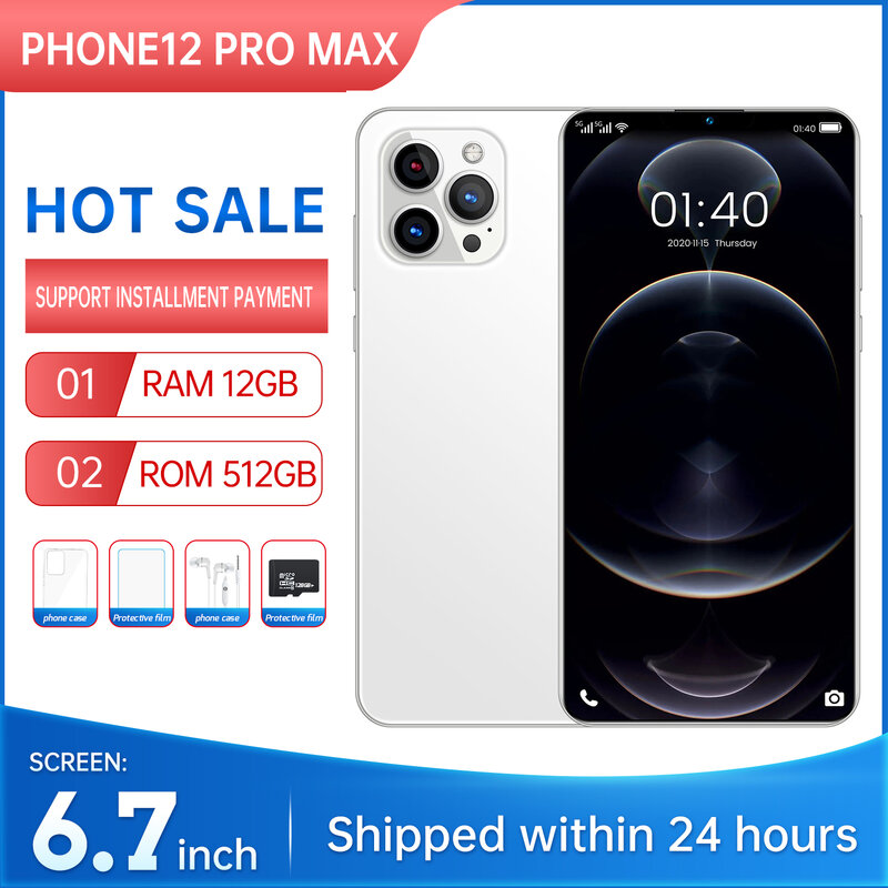 Telefon i12 Pro Max 6.7 "Dual SIM 5G smartfony Andriod10 Snapdragon888 12GB RAM 512GB ROM 32MP 5200mah telefon komórkowy