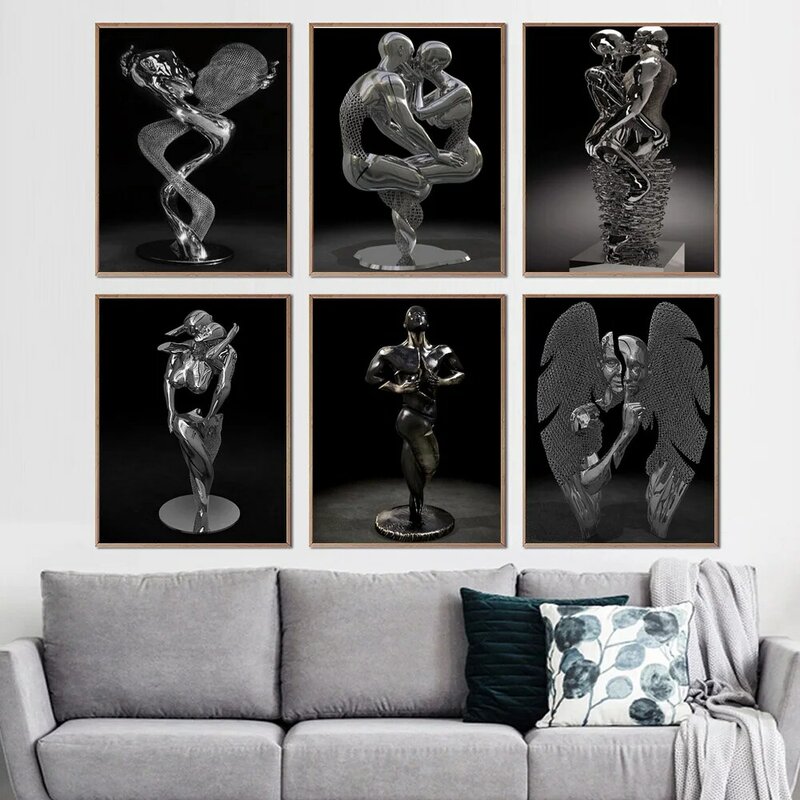 Escultura de metal de estilo nórdico, póster de figura abstracta, pintura en lienzo de pareja, pintura de pared para oficina, sala de estar, decoración del hogar, mural