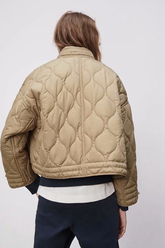 Pring novas senhoras za gola solta drawstring design leve algodão jaqueta de algodão curto