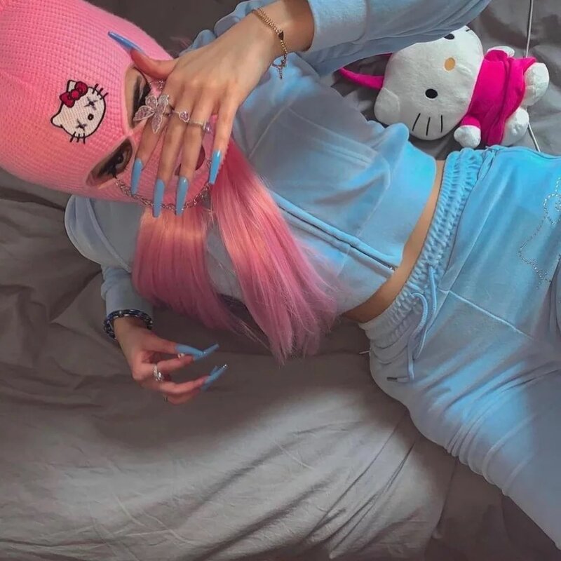 Hello Kitty – ensemble pull et pantalon en velours pour femme, sweat-shirt deux pièces, avec fermeture éclair, imprimé strass, collection printemps 2022