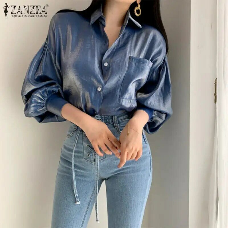Womens 2022 Fashion Bright Blouse ZANZEA Gradient Color Shirts Female Elegant Lapel Button Blusa Casual Puff Sleeve Top Oversize