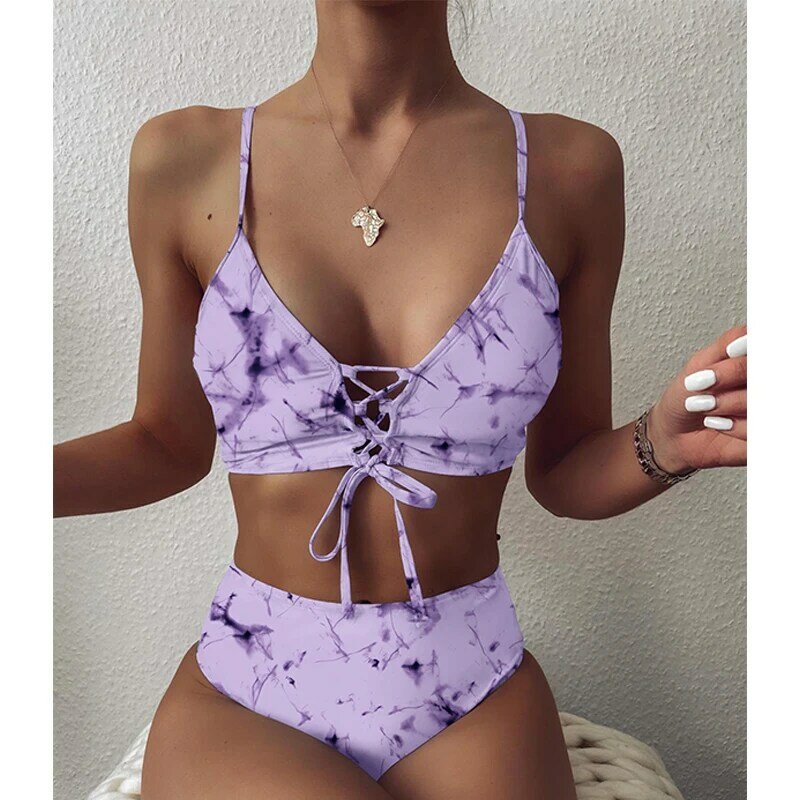 Mossha High waist sexy bikini set Printed women's swimsuit solid Lace up tie dye bikinis 2020 mujer swimwear Knot bathing suit