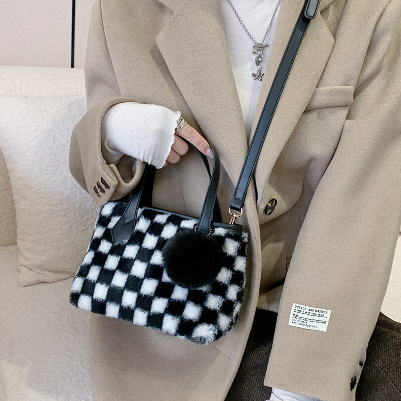 ฤดูหนาว Plush กระเป๋าถือและกระเป๋าถือผู้หญิง2021ใหม่แฟชั่นลายสก๊อตกระเป๋าสะพายขนาดเล็ก Luxury Casual Tote ...
