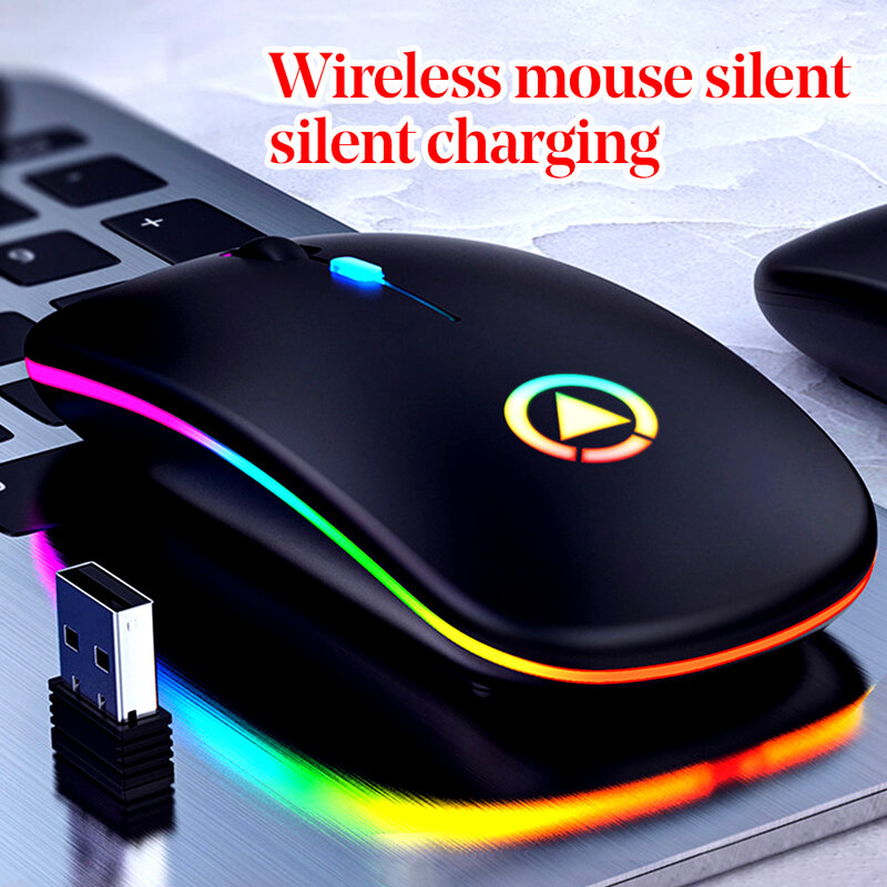 Ratón inalámbrico silencioso con retroiluminación LED, Mouse óptico ergonómico recargable con USB para juegos, escritorio, PC, portátil