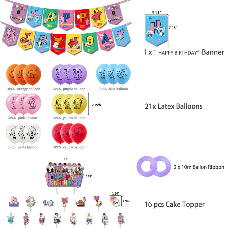 Kpop bangtan acessórios para festa de aniversário, inclui bandeira, topper de bolo, balões, para meninas, decoração de festa de aniversário