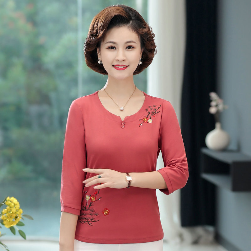 Bordado blusa de algodão feminino outono gola redonda três quater manga superior mulher flor padrão laranja vermelho blusas nova chegada