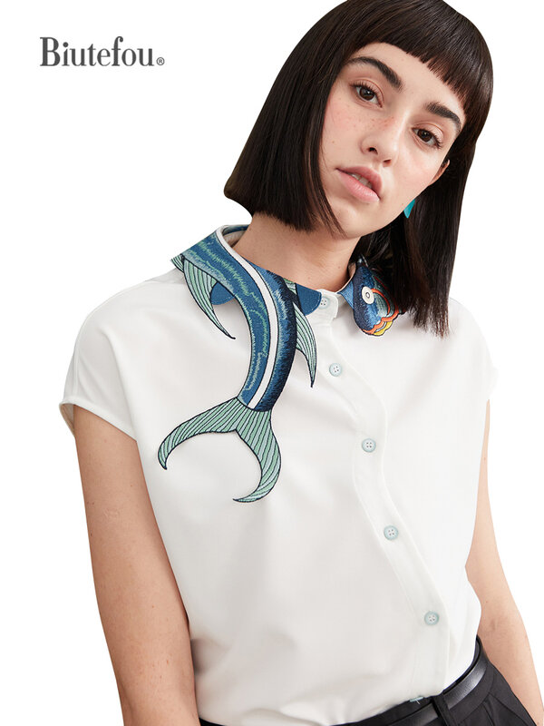 Женская Асимметричная рубашка без рукавов с вышивкой в виде рыбок кои, лето 2023