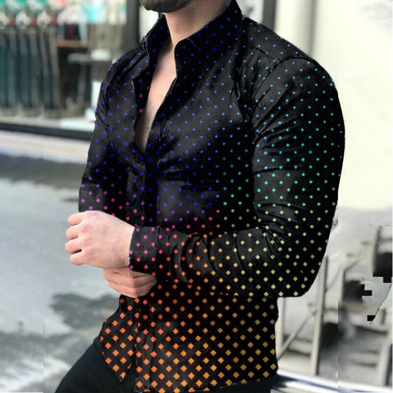 Luxury Golden Men Autumn Long Sleeved Shirt Male Print shirt Turn-Down Collar Button Down Casual Blouse U.S Plus Size Tops