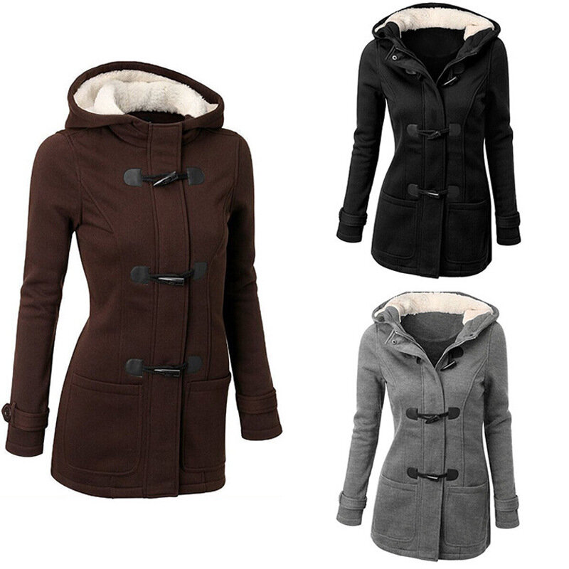 Cappotto da donna invernale caldo spesso Plus Size giacche con cappuccio Casual per donna bottone classico in corno capispalla femminile tinta unita