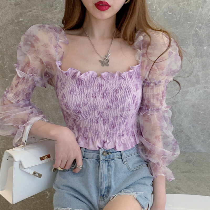 Carino maglia Chiffon ragazze 2021 nuovo Pullover manica lunga coreano stampato floreale spalla corta Blusa Faminina donna top 856E