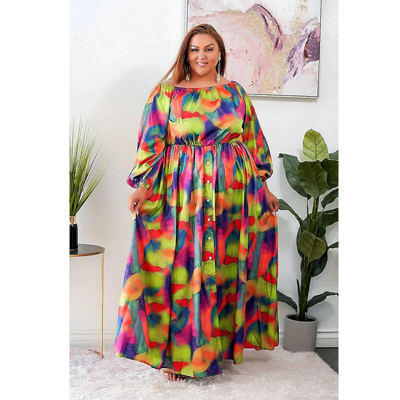 HAOOHU-Vestido largo de talla grande para mujer, ropa con estampado Vintage, hombros descubiertos, cinturón, urbano, para fiesta, otoño 2021