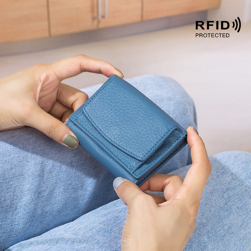 สไตล์กระเป๋าสตางค์หนังแท้ RFID กระเป๋าสตางค์ผู้หญิงสั้นมินิเลดี้กระเป๋าขนาดเล็กน่ารักบางก...