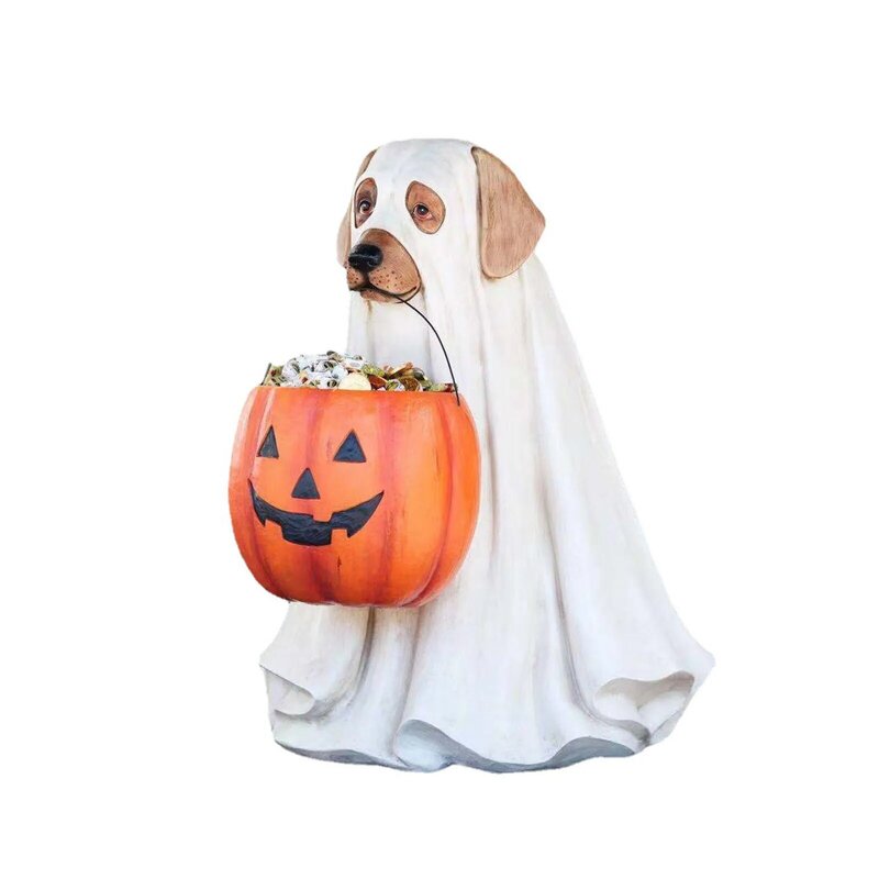 Decoración de Halloween, cuenco de caramelo de calabaza de perro blanco, puerta de balcón, distribución y distribución de regalos, artesanías de resina