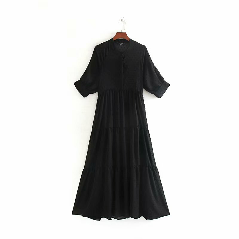 Offre Spéciale femme noir en mousseline de soie robe moitié-manche col montant robe longue à pois transparent transparent sexy robe de soirée