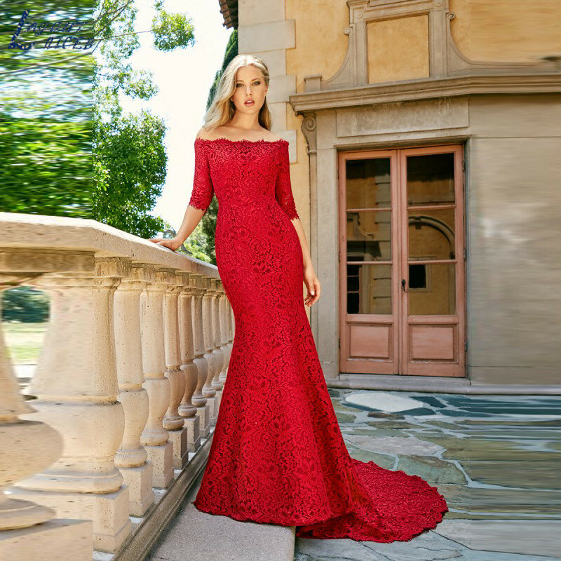 LAYOUT NICEB Charming Red Mermaid Lace Evening Dresses with Off Shoulder 3/4 Sleeves Bateau Neck Bridal Gowns Court Train 2022