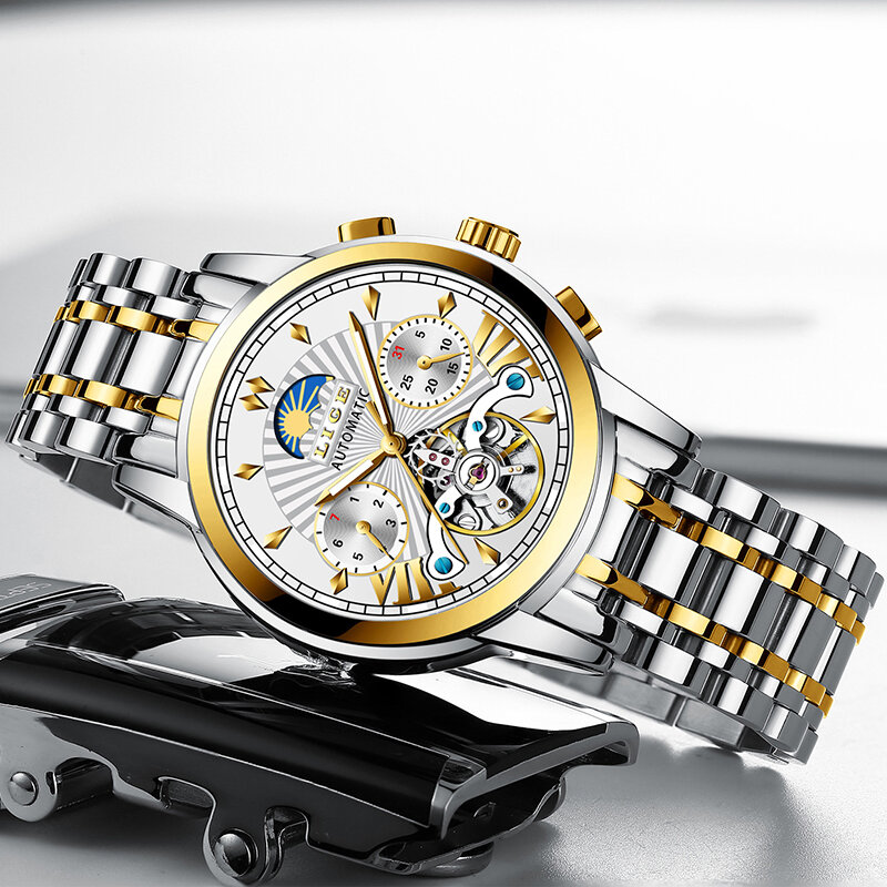 トゥールビヨンは、男性のためのligeトップブランドの高級スポーツステンレス鋼のメンズ防水時計ファッション男性機械式腕時計