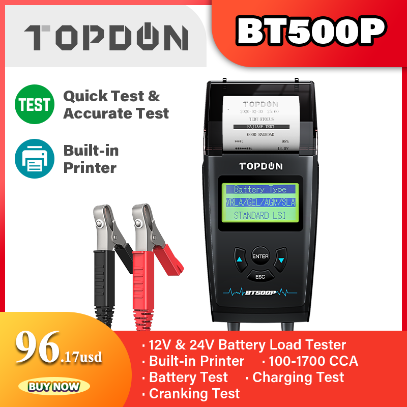 Topdon BT500P 12V 24V Auto Batterij Tester Met Printer Batterij Load Test Voor Motorfiets Auto Opladen Zwengelen Batterij analyzer