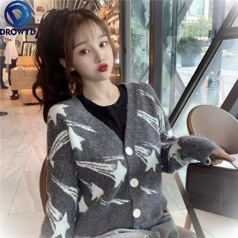 Fashion Short Cardigan Jacquard Sweater Women&#39;s 2021 Spring and Autumn New Knitted Long-sleeved Korean Wild Kintted Coat Jacket