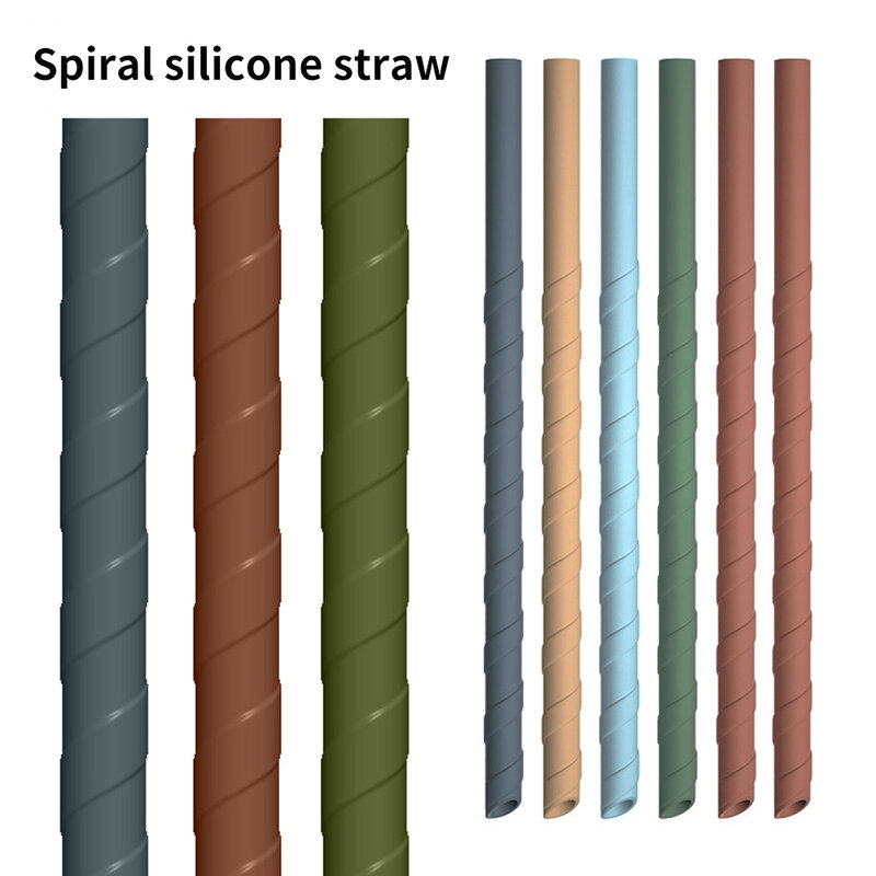 6 Straws + 2 Refreshing Spiral Silicone Threaded Straws With Cleaning Brushes Party Bar Kitchen Accessories Household