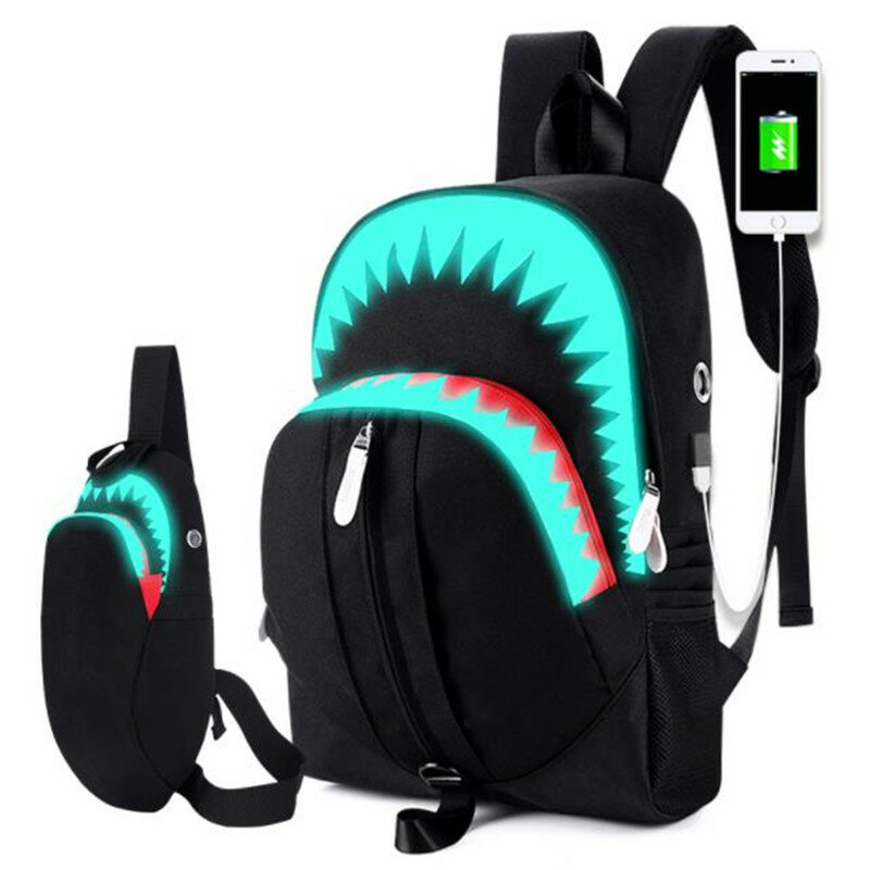 Fashion Luminous Student School Bags USB Charging Men's Shark School Backpacks Chest Bag Teenager Boy Girls Travel Women Mochila