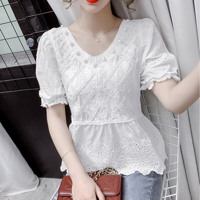 Camicia Pullover solida estate donna 2021 nuova coreana scollo a v in rilievo Hollow bubble Shorts manica cuciture camicetta di pizzo donna 627A