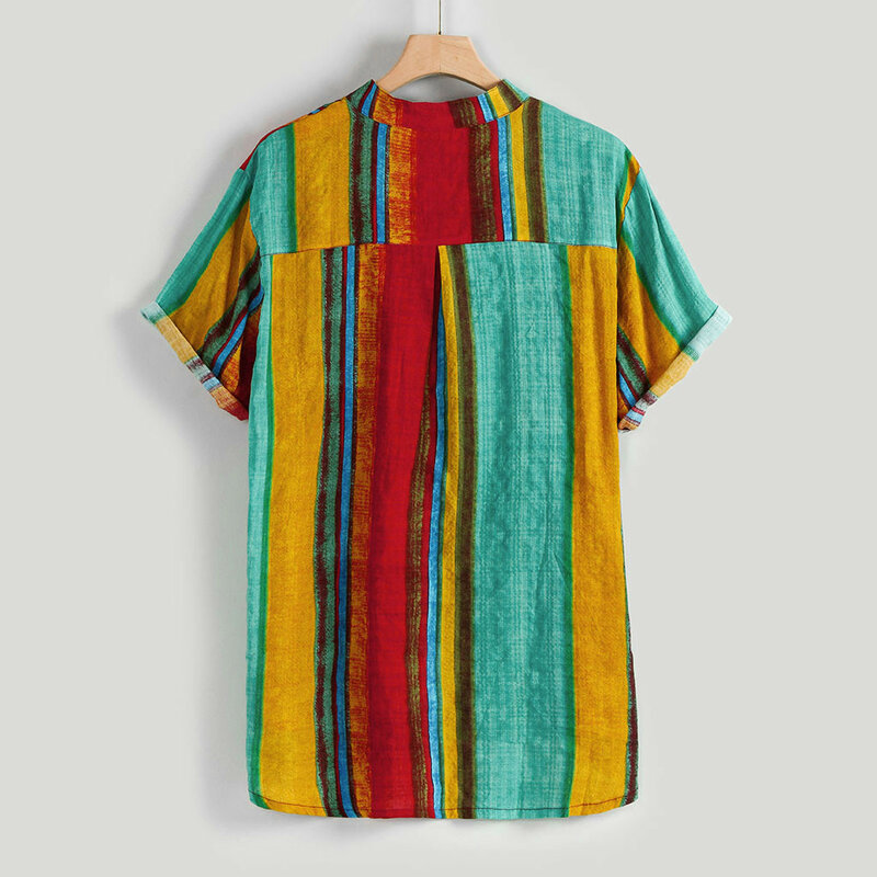 Men Linen Short Sleeve Shirt Summer Stripe Loose Baggy Casual Holiday Shirts Tee Tops Henley hawaiian shirt camisas para hombre