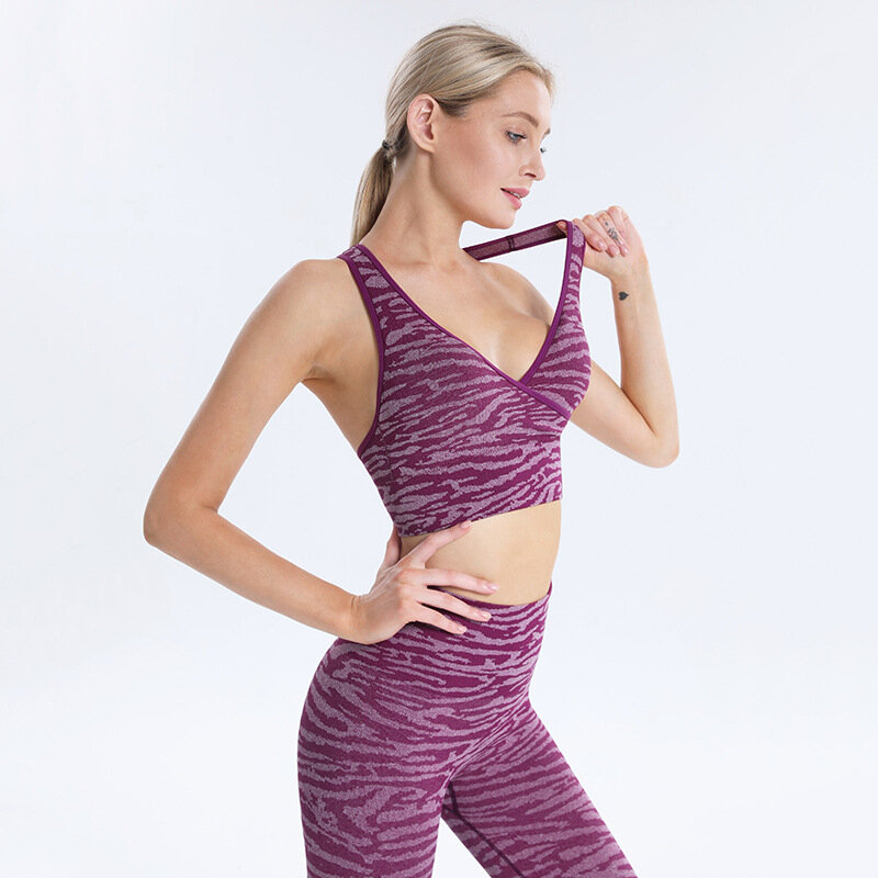 Bra Yoga Wanita Pakaian Dalam Fitness Lari Cetak Zebra Bra Olahraga Crop Jacquard Tahan Benturan Tinggi Elastis Mulus untuk Wanita