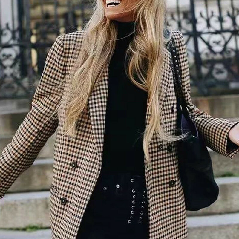 Casaco de blazer xadrez feminino botão retro treliça terno jaqueta com ombro pads jaqueta blazer feminino casacos casuais 2019 nova moda