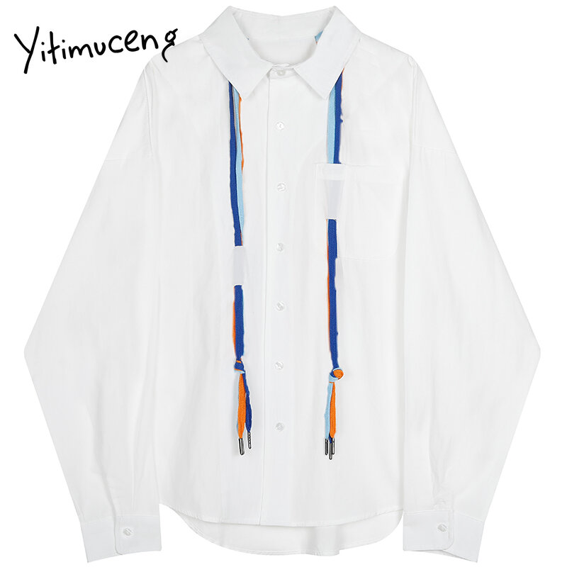 Yitimuceng-بلوزة نسائية بيضاء بأزرار ، قميص فضفاض عادي ، أكمام طويلة ، ياقة مقلوبة ، صدر واحد ، بلوزة غير رسمية ، ربيع 2021