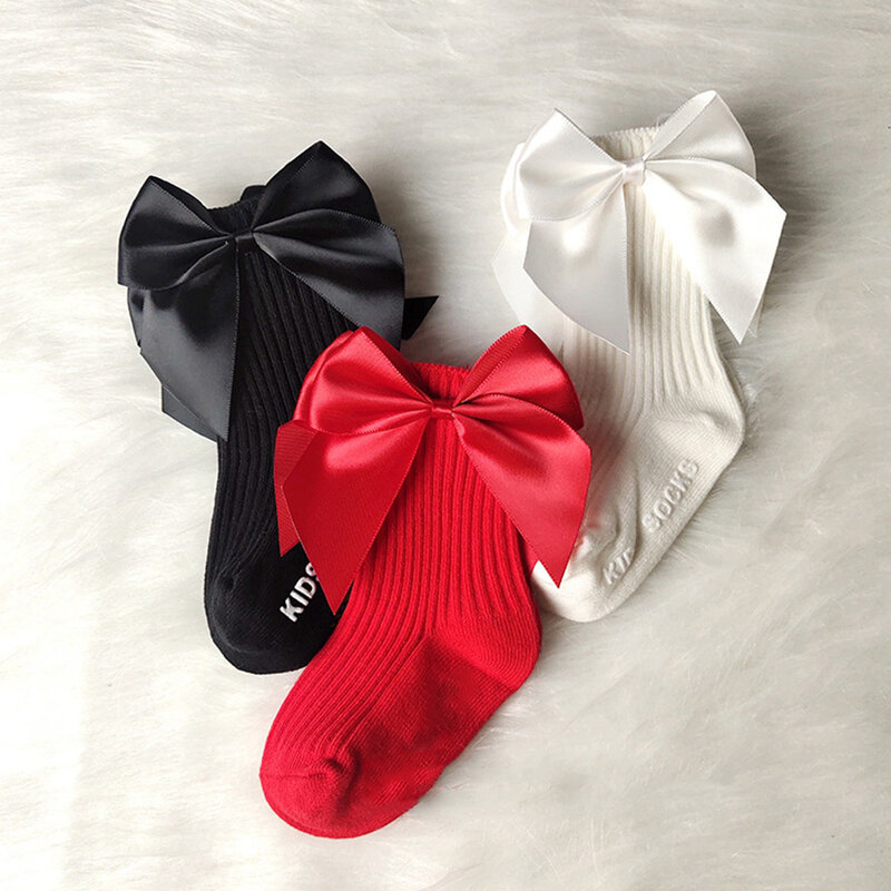 INS Baby Girls Socks With Large Satin Bow Cotton Anti-slip Hollow Dress Soft Socks Kids Accessories For 0-3years 2021 New Spring