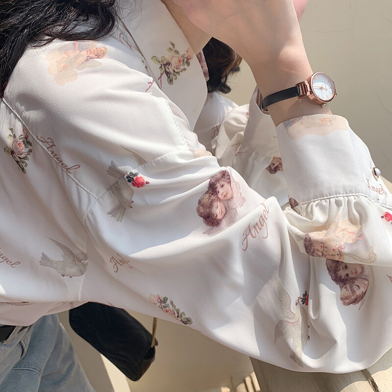 Blusa estampada com ângulo estampado feminina, manga longa estilo kong-style, camisas femininas brancas e pretas da moda, blusas femininas casuais soltas 806i
