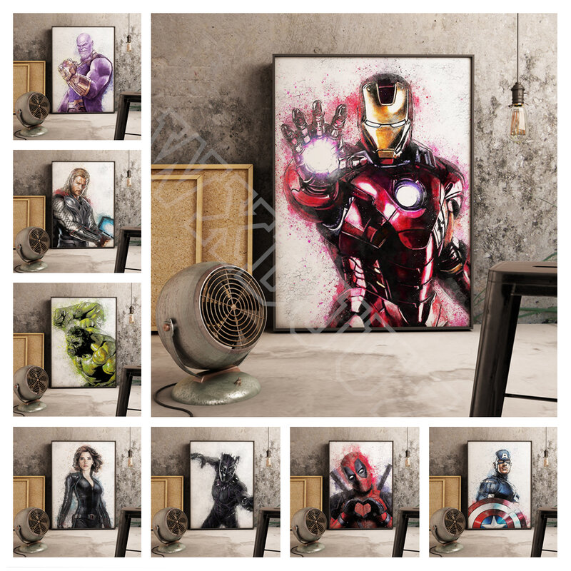 Marvel Avengers Superhero Hulk Spiderman Watercolor ภาพยนตร์ Retro โปสเตอร์ภาพวาดผ้าใบห้องนั่งเล่น Art Home Wall Decor