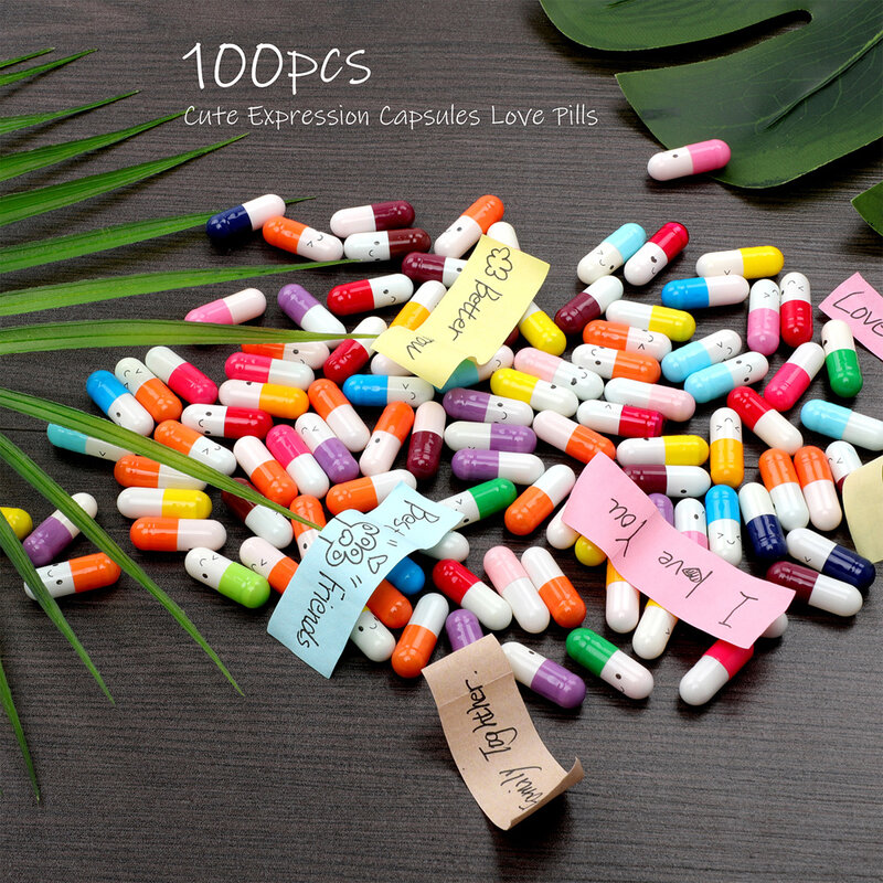 Cápsulas en blanco con mensaje de "Love" para niños, píldoras con mensaje de amor, cápsula con sonrisa, 50 unidades