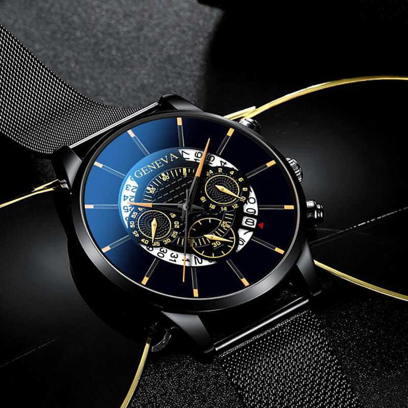 Часы наручные мужские кварцевые с календарём, люксовые модные деловые, с синим сетчатым браслетом из нержавеющей стали