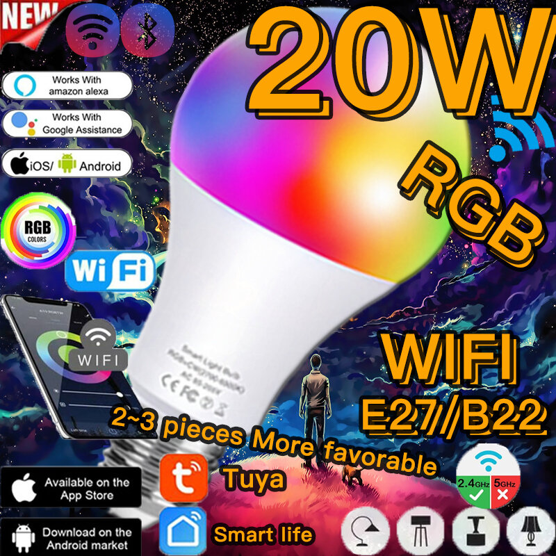 Tuya голос Управление 20 Вт RGB смарт-лампа с регулируемой яркостью E27 B22 Wi-Fi LED декоративный светодиодный светильник работать с Alexa Google или ИК-пул...