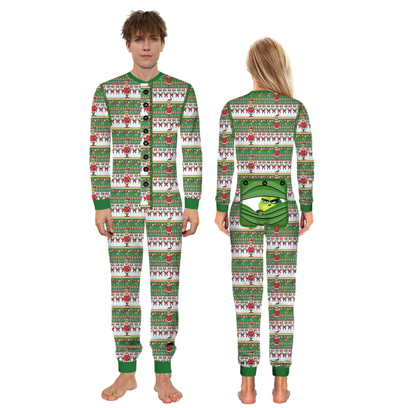 Casais roupas de natal elemento impressão pijamas macacão aberto snap virilha casa wear adolescente meninas macacão adulto camisola onesies
