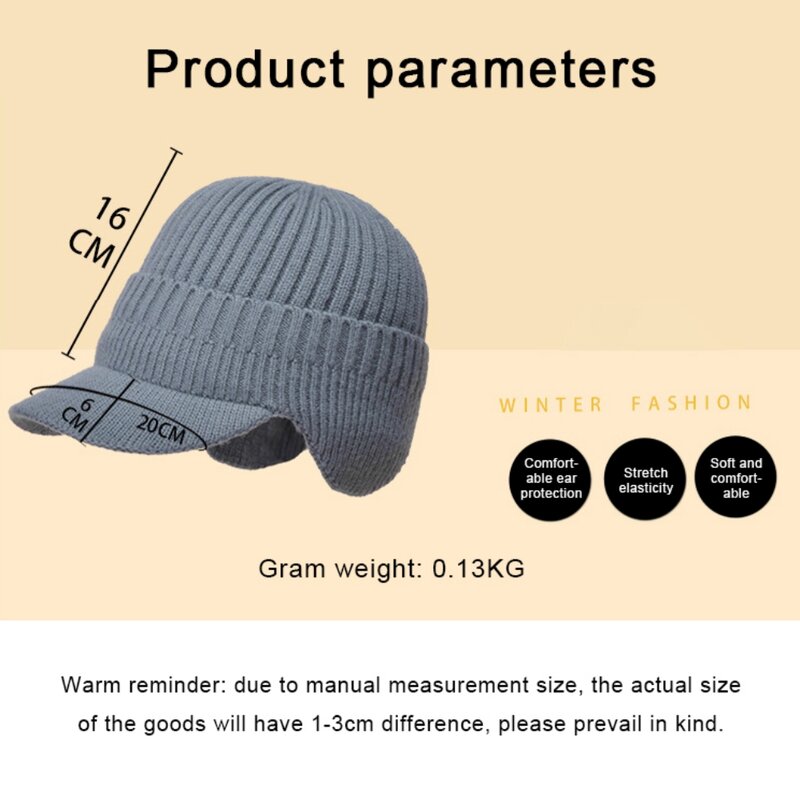 Winter Knitted Peaked Cap Coldproof With Earflaps Ear Protection Cap Soft Warm Outdoor Thickened Solid Ski Cap
