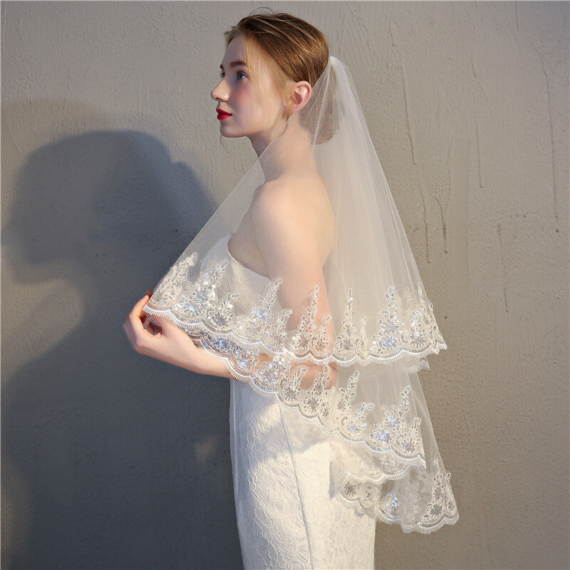صور حقيقية اكسسوارات الزفاف حجاب الزفاف الأبيض طبقتين الحجاب الدانتيل حافة طرحة زفاف