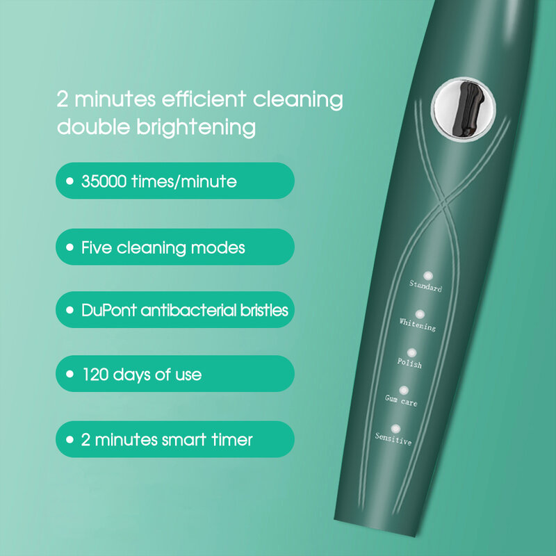 Boi-cepillo de dientes eléctrico sónico resistente al agua IPX7, dispositivo de cuidado inteligente, carga rápida, 5 modos, repuesto de limpieza