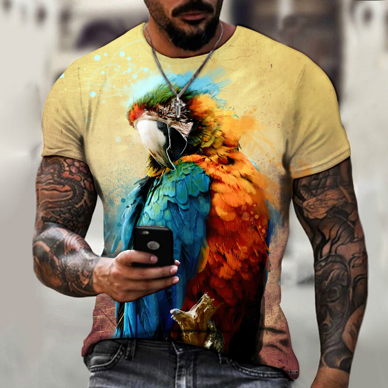 동물의 세계 앵무새 컬러 HD 3D 인쇄 남자와 여자의 t-셔츠 반팔 대형 여름 짧은 소매 탑