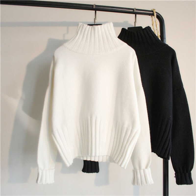 Suéteres de gran tamaño para mujer, Tops de cuello alto de manga larga, Jersey de punto cálido para otoño e invierno coreano, 2020