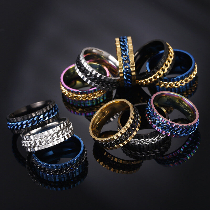 SHOUMAN  Stainless Steel Rotatable Ring Punk Rotatable Chain Rings for Men Women Charm Wedding Band Custom Engrave Name Gift