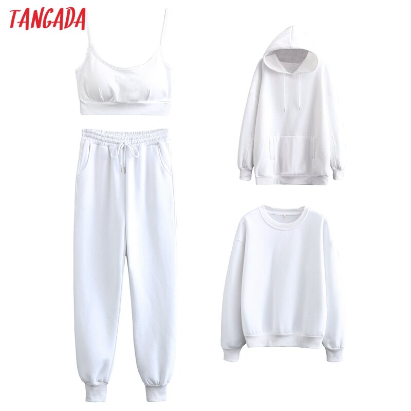 Tangada 2020 Women's Set Color Match Set Tracksuits Camis Hooded Fleece Sweatshirts Elastic Waist Pants Solid Color 6L35