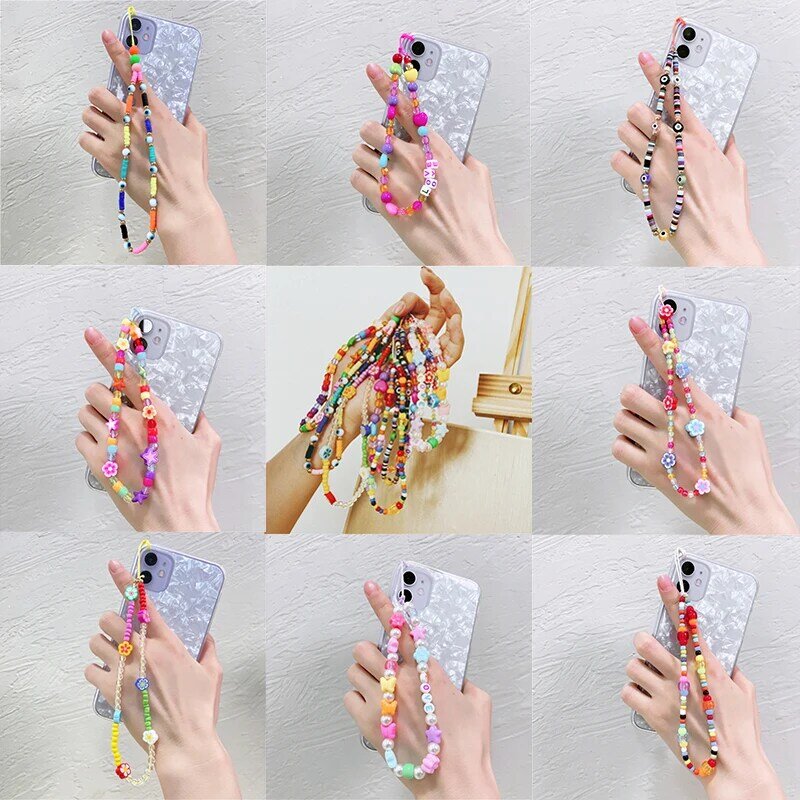 Chaîne de perles pour téléphone portable, motif fleur et oeil, lettres colorées, lanière pour téléphone portable, 2021