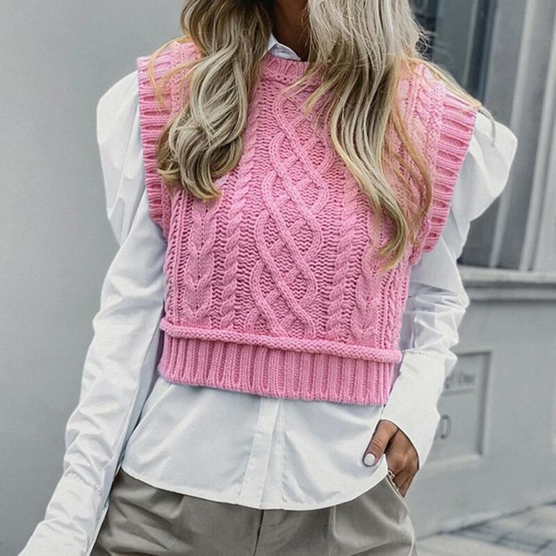 Fashion Women O Neck Office Knitted Vest All Match Streetwear Short Pullover Knitted Waistcoat for Daily Wear