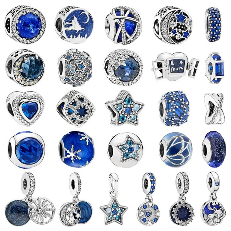 Breloques Pandora originales, série étoiles bleu ciel, lune bleu ciel, perles d'avion, adaptées aux bracelets, bijoux à faire soi-même, offre spéciale
