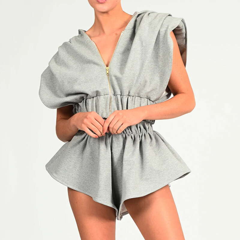 OneLineFox-Conjunto de Sudadera con capucha y pantalones cortos para mujer, traje de verano holgado con manga de murciélago, hombros al descubierto, con relleno, Sexy