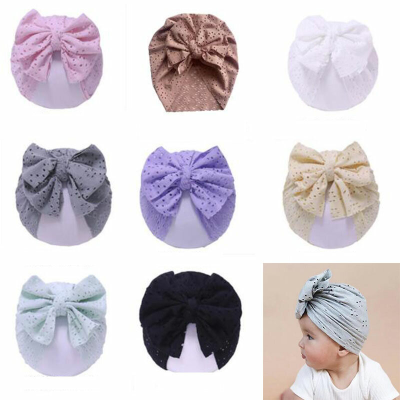 2021 New Baby Girl Hollow Big Bow Hat Solid Color Elastic Infant Bonnet Breathable Indian Style Beanies Newborn Photography Cap