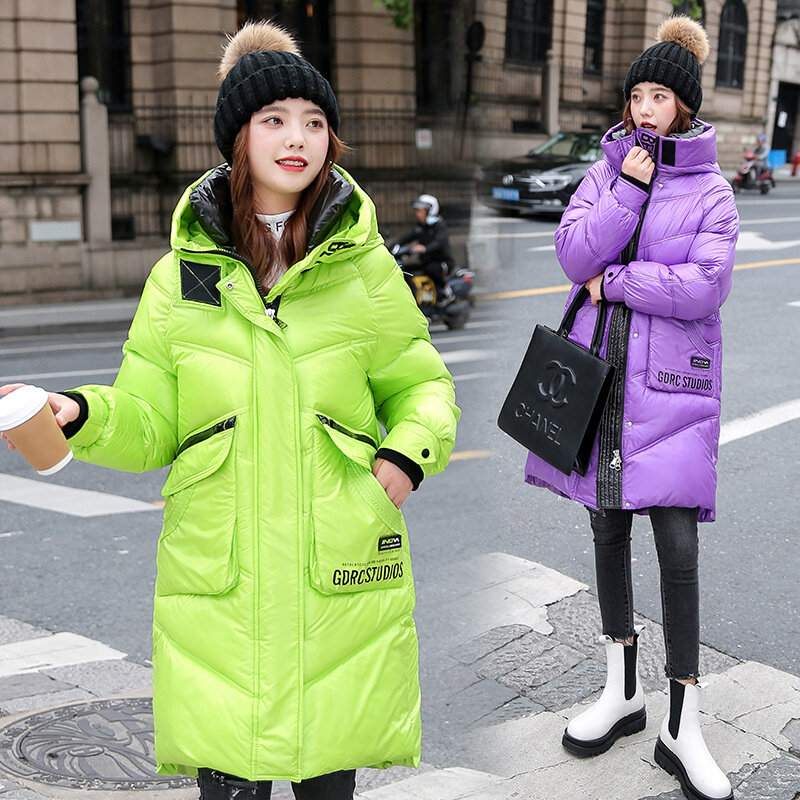 Shiny Gezicht Down Gewatteerde Jas Vrouwen 2022 Nieuwe Winter Koreaanse Versie Van Losse Hooded Mid-Lengte Eenvoudige Dikke Jas