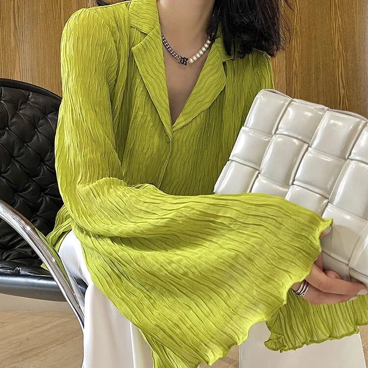 Camisa con textura plisada francesa para mujer, blusa fina con diseño de sense niche, camisa holgada informal de manga larga, top vintage de tendencia